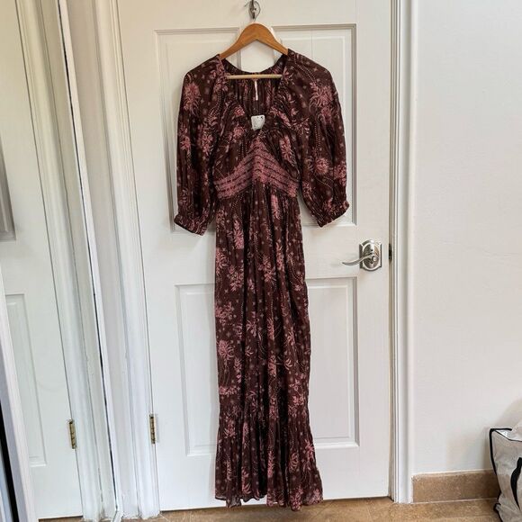 NWT Free People Golden Hour Boho Border Maxi Dress in Pink Chocolate Combo - Picture 5 of 8